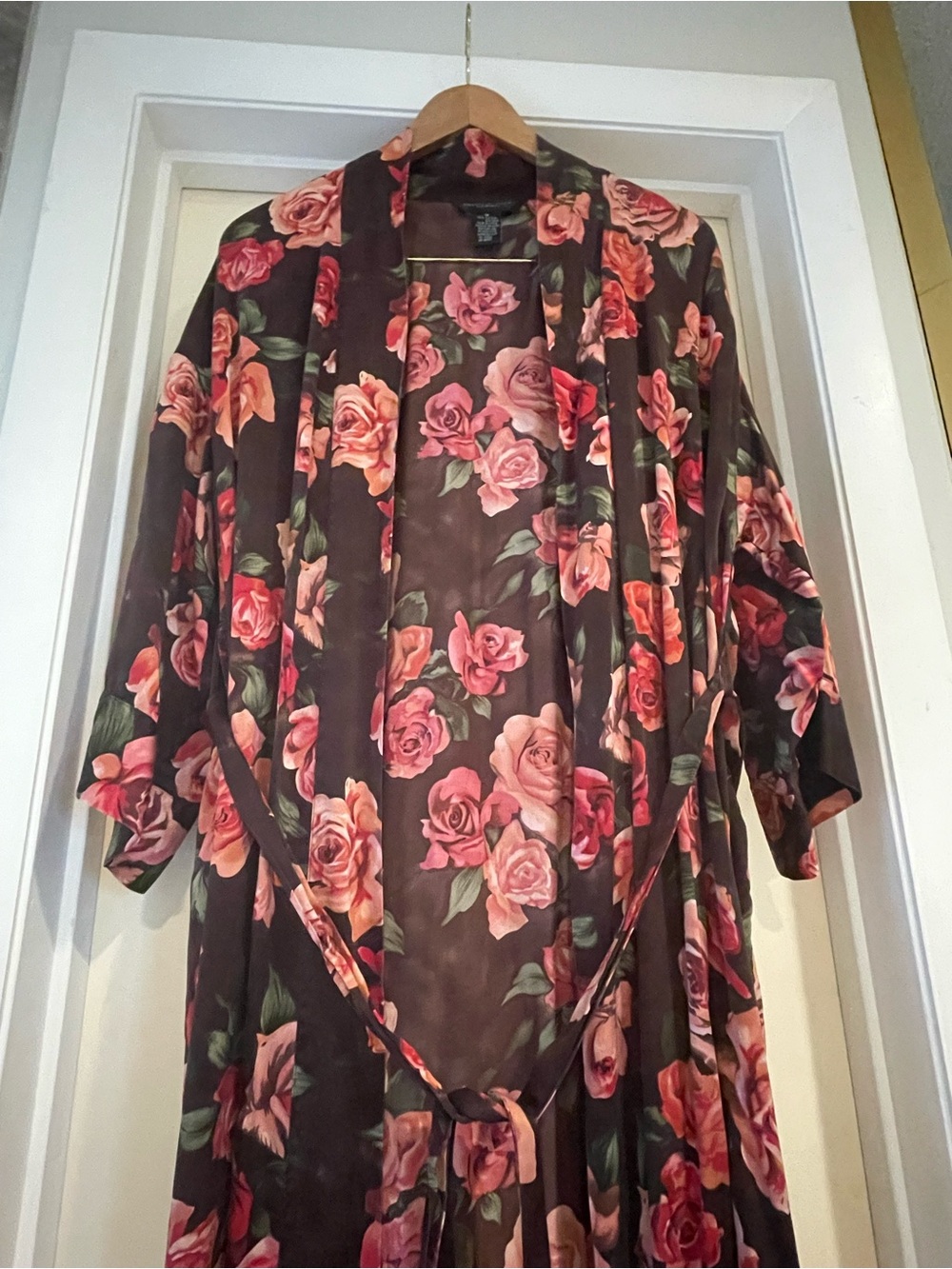august silk Brown Maxi Kimono Dress with Pink Rose Print